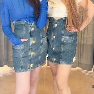 Balmain high waisted denim skirt with gold buttons and back zipper